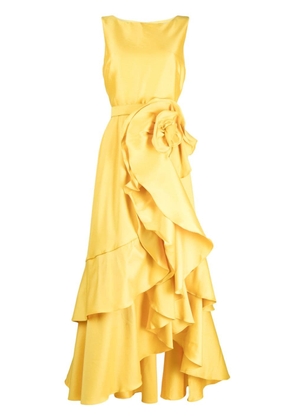Badgley Mischka ruffled floral-appliqué dress - Yellow