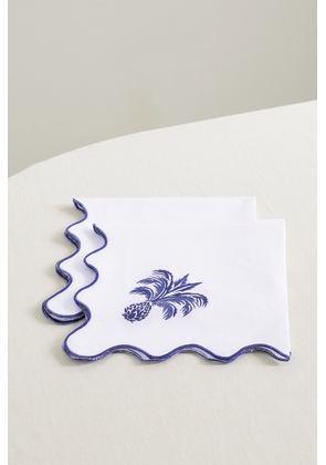 Aquazzura Casa - Ananas Set Of Two Scalloped Embroidered Linen Napkins - Blue - One size