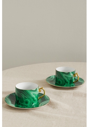L'Objet - Malachite Set Of Two Porcelain Cups And Saucers - Green - One size