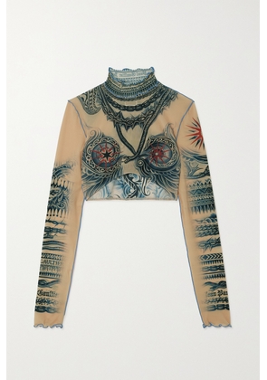 Jean Paul Gaultier - Soleil Cropped Printed Stretch-tulle Turtleneck Top - Neutrals - xx small,x small,small,medium,large,x large