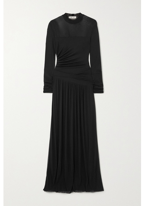 Diane von Furstenberg - Kirstie Mesh-paneled Gathered Stretch-jersey Maxi Dress - Black - xx small,x small,small,medium,large,x large