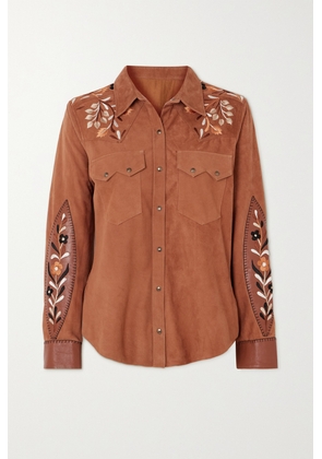 Fortela - Blondie Embroidered Leather-trimmed Suede Shirt - Brown - IT38,IT40,IT42,IT44