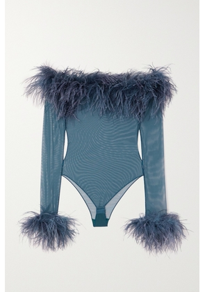 Oséree - Plumage Off-the-shoulder Feather-trimmed Tulle Bodysuit - Blue - small,medium,large,x large