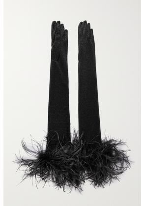Oséree - Lumière Plumage Feather-trimmed Metallic Stretch-knit Gloves - Black - S/M,M/L