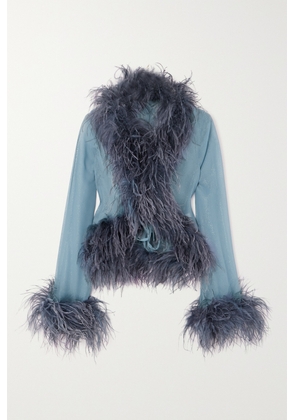 Oséree - Plumage Feather-trimmed Glittered Chiffon Blouse - Blue - S/M,M/L