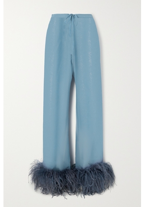 Oséree - Lumière Feather-trimmed Glittered Chiffon Straight-leg Pants - Blue - small,medium,large,x large