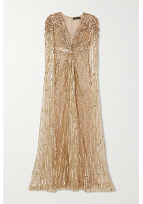 Jenny Packham - Lotus Cape-effect Embellished Tulle Gown - Gold - UK 6,UK 8,UK 10,UK 12,UK 14,UK 16,UK 18,UK 20