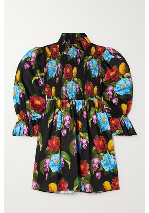Borgo de Nor - Catri Shirred Floral-print Cotton Mini Dress - Black - UK 6,UK 8,UK 10,UK 12,UK 14,UK 16,UK 18