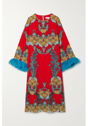 Borgo de Nor - Seraphina Feather-trimmed Printed Crepe Midi Dress - Red - UK 6,UK 8,UK 10,UK 12,UK 14,UK 16,UK 18