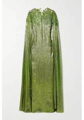 Oscar de la Renta - Cape-effect Embellished Embroidered Tulle-trimmed Silk-blend Lamé Gown - Green - x small,small,medium,large,x large