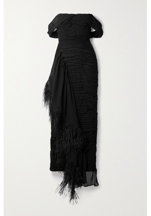 Sandra Mansour - Water Body Off-the-shoulder Feather-trimmed Silk-blend Georgette Maxi Dress - Black - FR34,FR36,FR38,FR40,FR42
