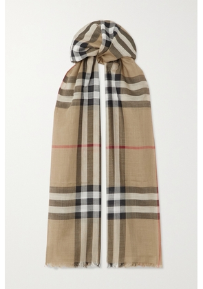 Burberry - Fringed Checked Wool And Silk-blend Scarf - Neutrals - One size