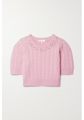 LoveShackFancy - Chapelle Cropped Embellished Cable-knit Merino Wool Sweater - Pink - xx small,x small,small,medium,large,x large