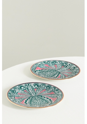 La DoubleJ - Set Of Two Gold-plated Porcelain Dessert Plates - Green - One size