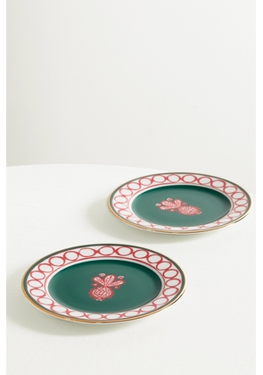 La DoubleJ - Set Of Two Gold-plated Porcelain Dessert Plates - Green - One size