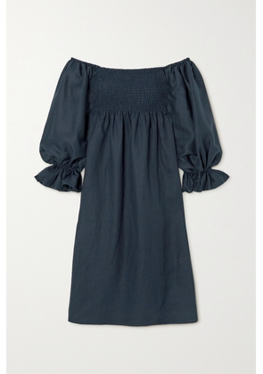 Sleeper - + Net Sustain Atlanta Off-the-shoulder Shirred Organic Linen Midi Dress - Blue - x small,small,medium,large,x large