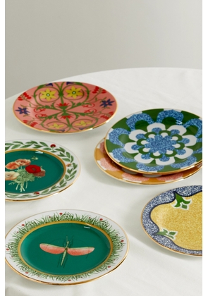 La DoubleJ - Set Of Six 20cm Gold-plated Porcelain Dessert Plates - Green - One size