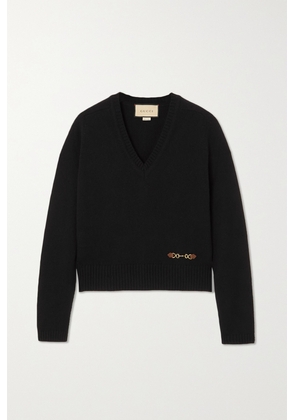 Gucci - Horsebit-detailed Leather-trimmed Cashmere Sweater - Black - XXS,XS,S,M,L,XL,XXL