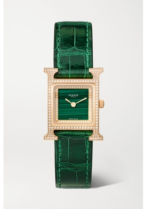 Hermès Timepieces - Heure H 25mm Small 18-karat Rose Gold, Alligator, Malachite And Diamond Watch - Green - One size