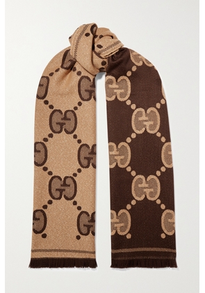 Gucci - Fringed Metallic Jacquard-knit Wool-blend Scarf - Neutrals - One size
