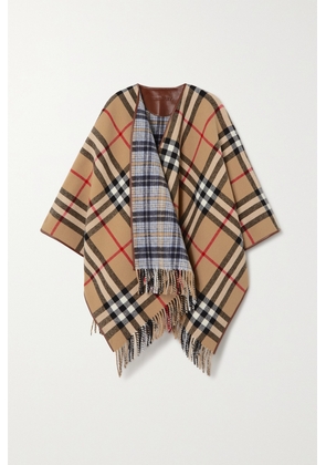 Burberry - Leather-trimmed Fringed Checked Wool Wrap - Neutrals - One size