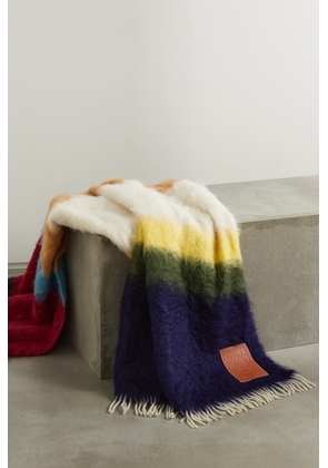 Loewe - Leather-trimmed Fringed Striped Mohair-blend Blanket - Yellow - One size