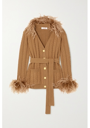 Valentino Garavani - Belted Feather-trimmed Cable-knit Wool Cardigan - Brown - x small,small,medium,large,x large