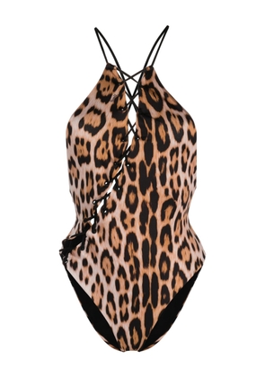Roberto Cavalli cheetah-print lace-up swimsuit - Orange