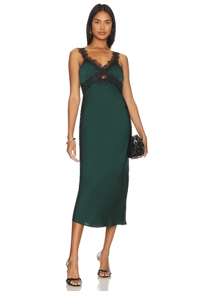 MINKPINK Erin Lace Trim Midi Dress in Dark Green. Size M, XL.
