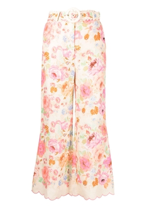 ZIMMERMANN Raie floral-print flared linen trousers - Pink