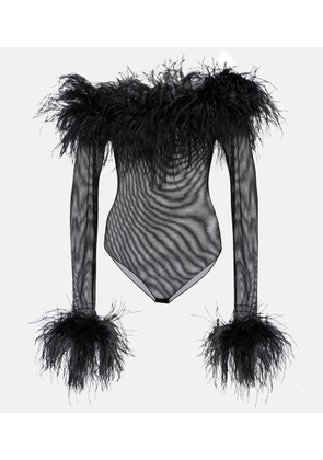 Oséree Feather-trimmed mesh bodysuit