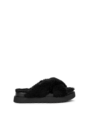 Ugg Fuzz Sugar Cross Black Wool Blend Slippers, Slippers, Leather Trims