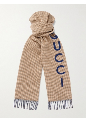Gucci - Reversible Fringed Logo-Print Houndstooth Wool Scarf - Men - Neutrals