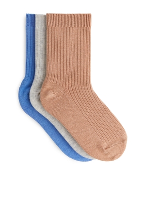 Rib Knit Socks, 3 Pairs - Blue
