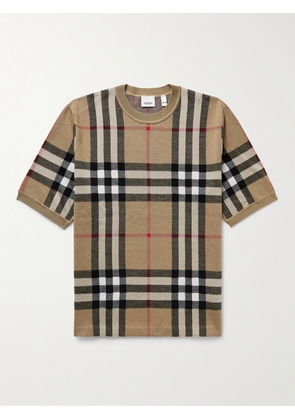 Burberry - Checked Birdseye Silk and Wool-Blend T-Shirt - Men - Neutrals - XS