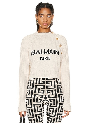 BALMAIN Cropped Knitted Pullover Sweater in Naturel & Noir - White. Size 38 (also in ).