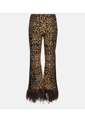 Valentino Feather-trimmed leopard-print flared pants