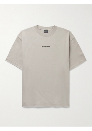 Balenciaga - Distressed Logo-Embroidered Cotton-Jersey T-Shirt - Men - Gray - XS