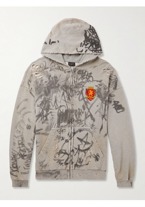 Balenciaga - Logo-Appliquéd Distressed Printed Cotton-Jersey Zip-Up Hoodie - Men - Gray - XS
