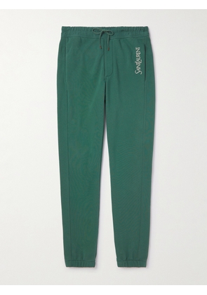 SAINT LAURENT - Tapered Logo-Embroidered Cotton-Jersey Sweatpants - Men - Green - XS