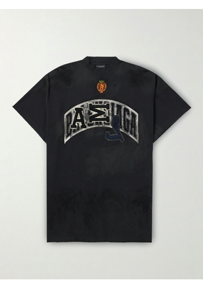 Balenciaga - Oversized Distressed Logo-Appliquéd Cotton-Jersey T-Shirt - Men - Black - 1