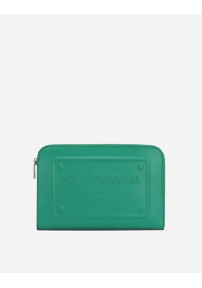 Dolce & Gabbana Small Calfskin Pouch With Raised Logo - Man Briefcase And Clutches Green Leather Onesize