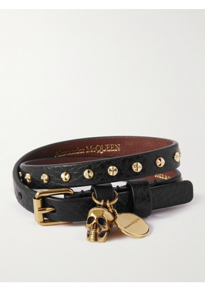 Alexander McQueen - Full-Grain Leather and Gold-Tone Wrap Bracelet - Men - Black