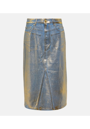 Ganni Gold-foiled denim midi skirt
