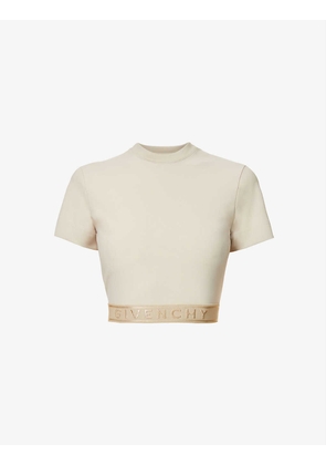 Cropped logo-embossed stretch-woven top