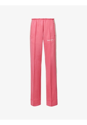 Brand-print straight-leg mid-rise cotton-blend trousers