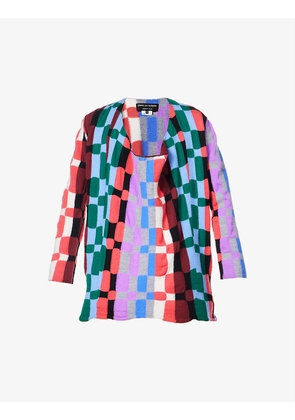 Scoop-neck checkerboard-pattern wool-blend top