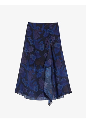 Lexiy floral-print ruched-detail crepe midi skirt
