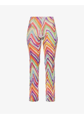 Zigzag-print semi-sheer straight-leg high-rise woven trousers