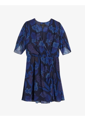 Floral-print ruched-sleeved woven mini dress